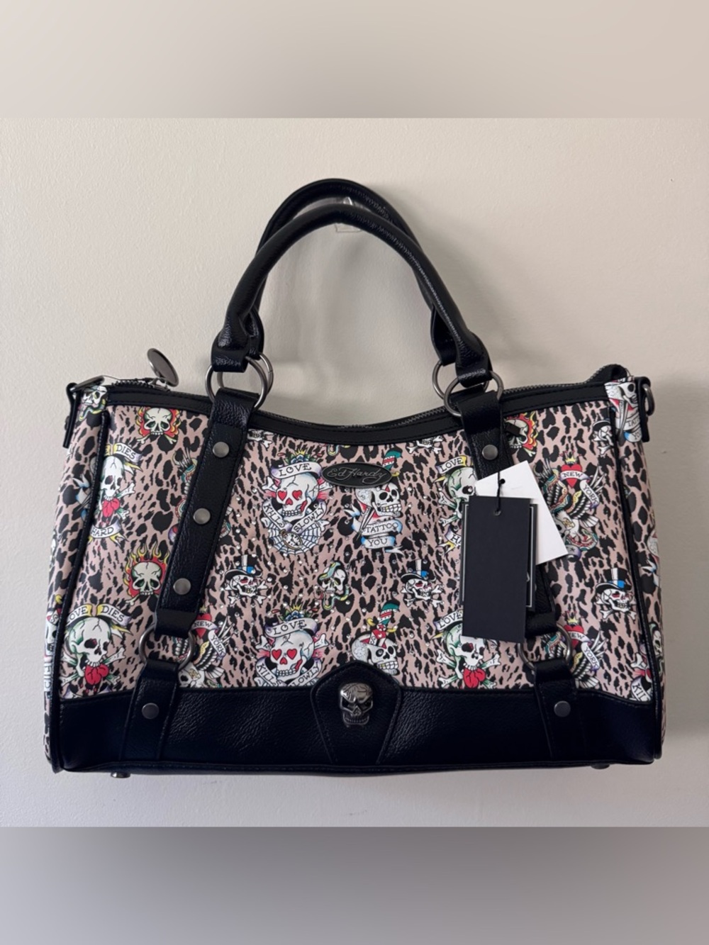 ED HARDY Black & Pink Leopard Skull Satchel - NWT